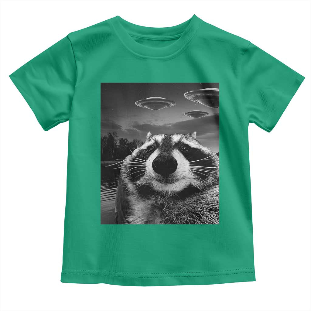 Funny Graphic Racoon Selfie with UFOs Weird Toddler T Shirt