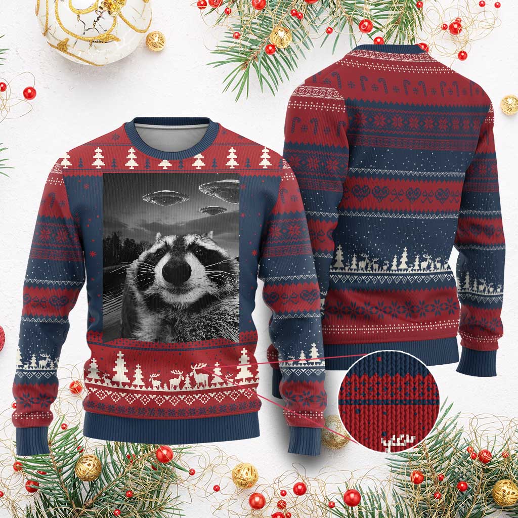 Funny Graphic Racoon Selfie with UFOs Weird Ugly Christmas Sweater - Wonder Print Shop