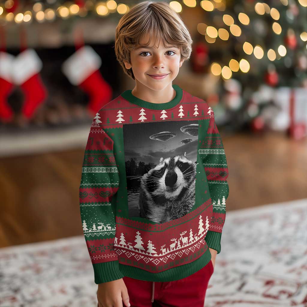 Funny Graphic Racoon Selfie with UFOs Weird Ugly Christmas Sweater - Wonder Print Shop
