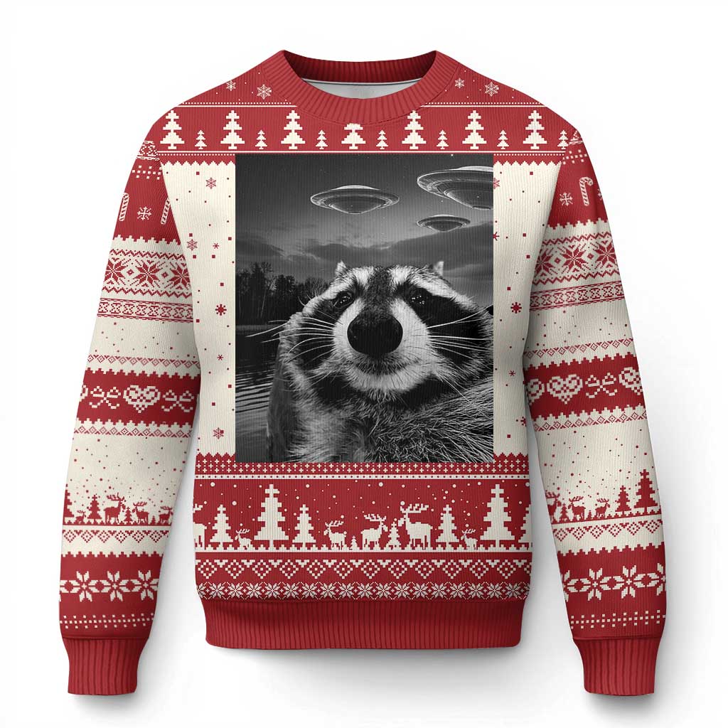 Funny Graphic Racoon Selfie with UFOs Weird Ugly Christmas Sweater - Wonder Print Shop