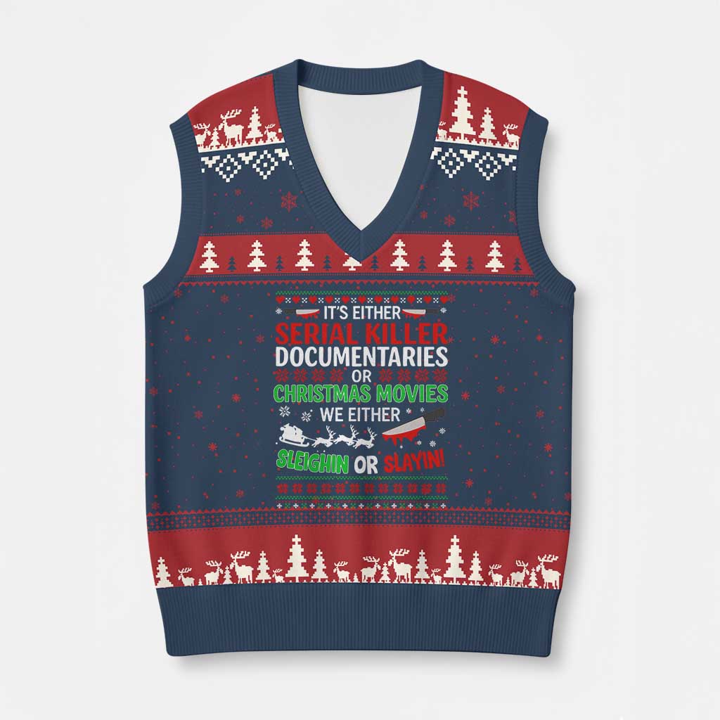 Crime Documentaries Ugly Xmas V-Neck Knit Sweater Vest Funny Horror Xmas Slaying Or Sleighing - Wonder Print Shop
