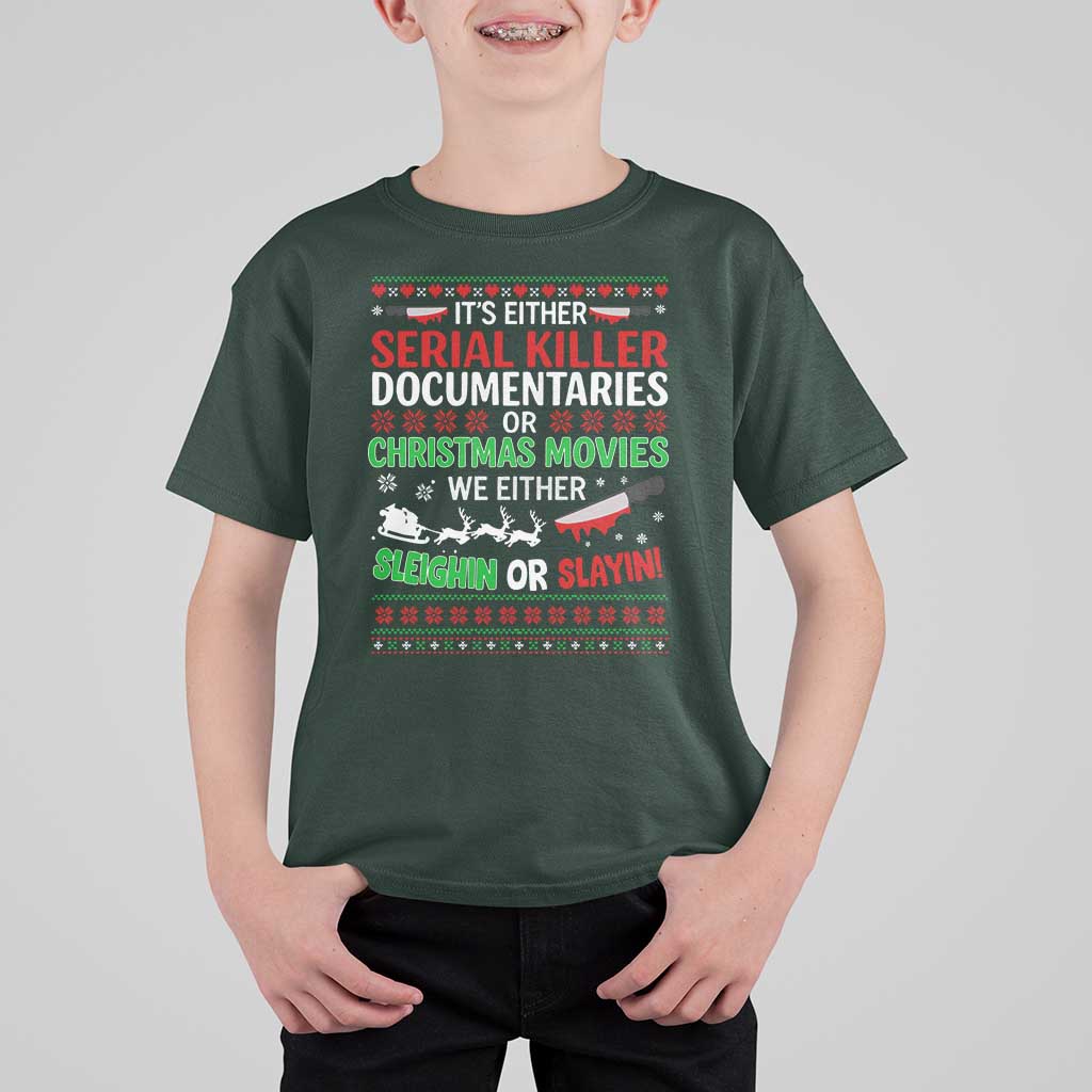 Crime Documentaries Ugly Christmas T Shirt For Kid Funny Horror Xmas Slaying Or Sleighing - Wonder Print Shop