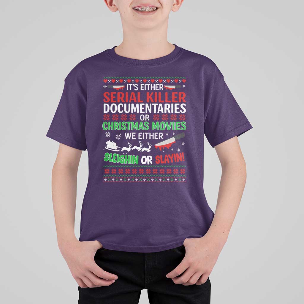 Crime Documentaries Ugly Christmas T Shirt For Kid Funny Horror Xmas Slaying Or Sleighing - Wonder Print Shop