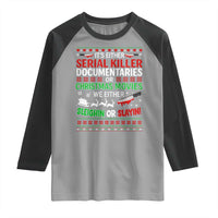 Crime Documentaries Ugly Christmas Raglan Shirt Funny Horror Xmas Slaying Or Sleighing - Wonder Print Shop