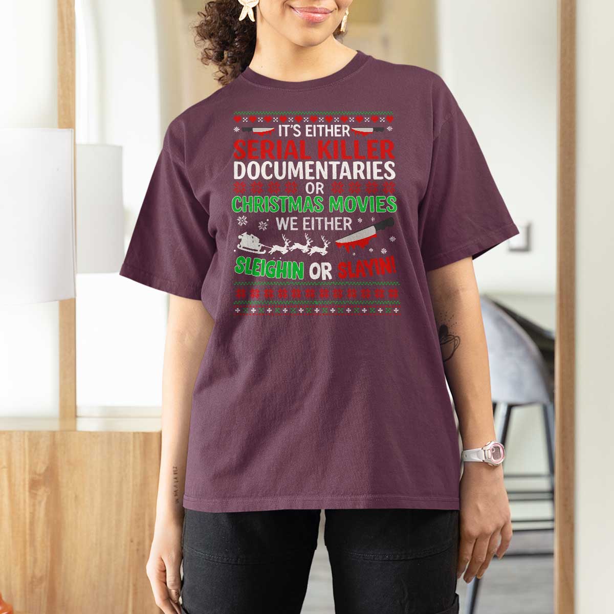 Crime Documentaries Ugly Christmas T Shirt For Women Funny Horror Xmas Slaying Or Sleighing - Wonder Print Shop