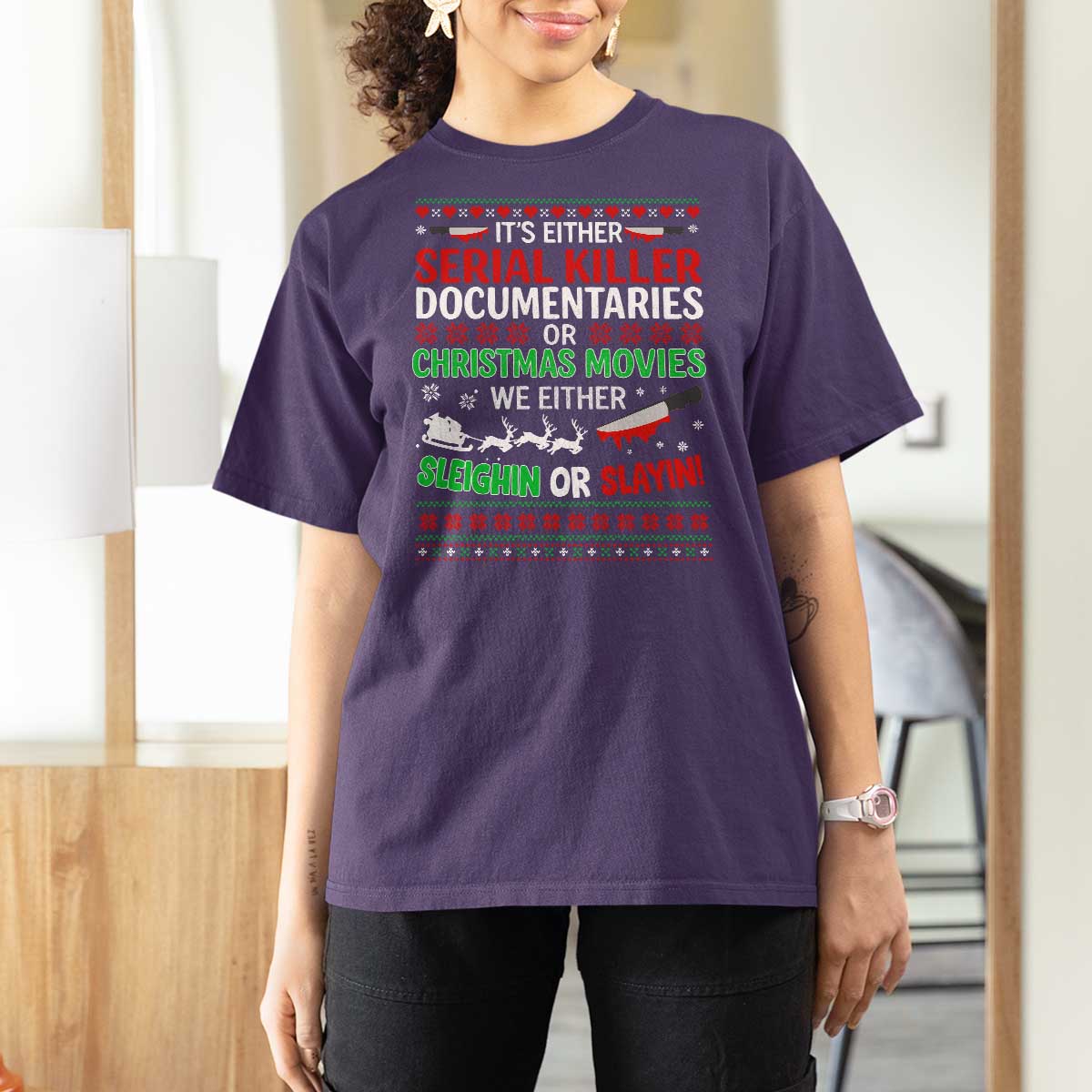 Crime Documentaries Ugly Christmas T Shirt For Women Funny Horror Xmas Slaying Or Sleighing - Wonder Print Shop
