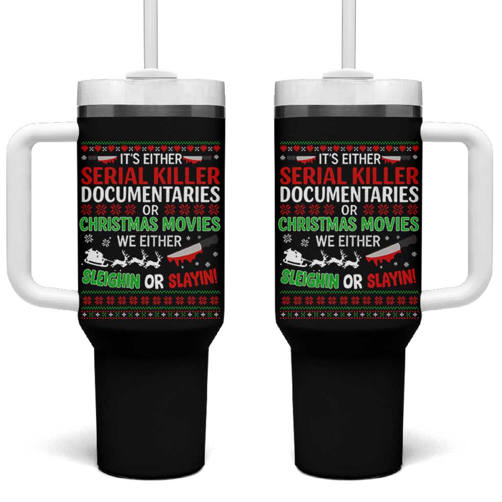 Crime Documentaries Ugly Christmas Tumbler With Handle Funny Horror Xmas Slaying Or Sleighing - Wonder Print Shop