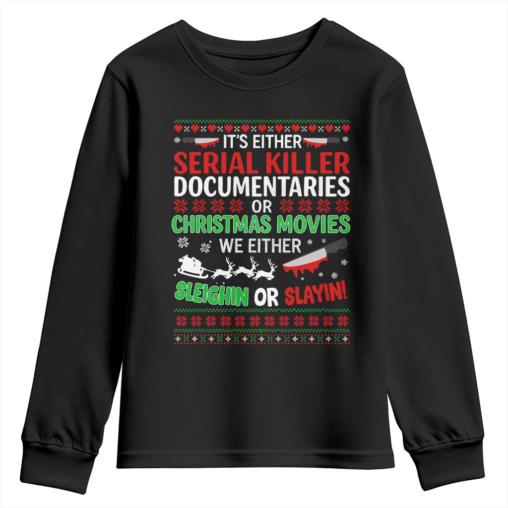 Crime Documentaries Ugly Christmas Youth Sweatshirt Funny Horror Xmas Slaying Or Sleighing - Wonder Print Shop