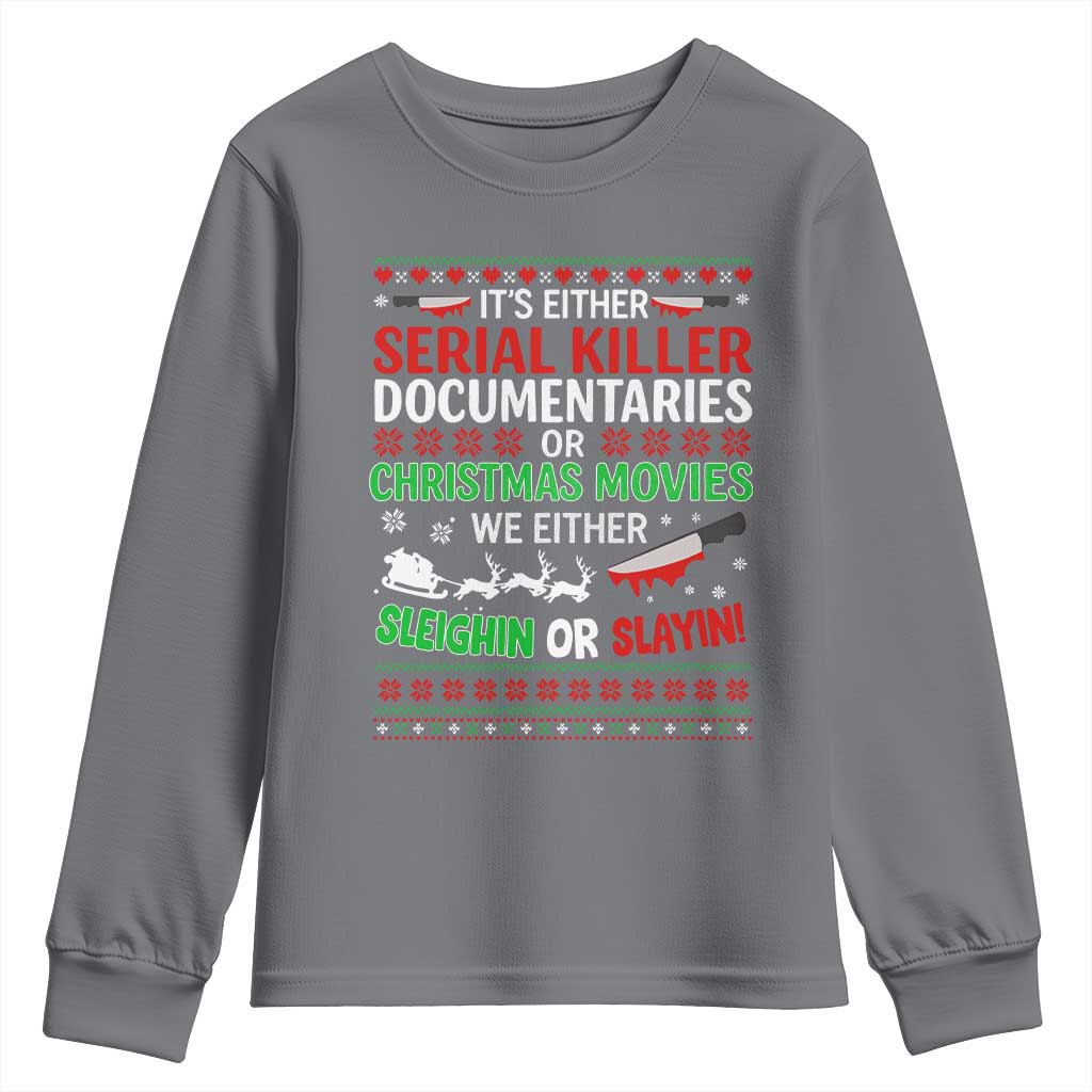 Crime Documentaries Ugly Christmas Youth Sweatshirt Funny Horror Xmas Slaying Or Sleighing - Wonder Print Shop