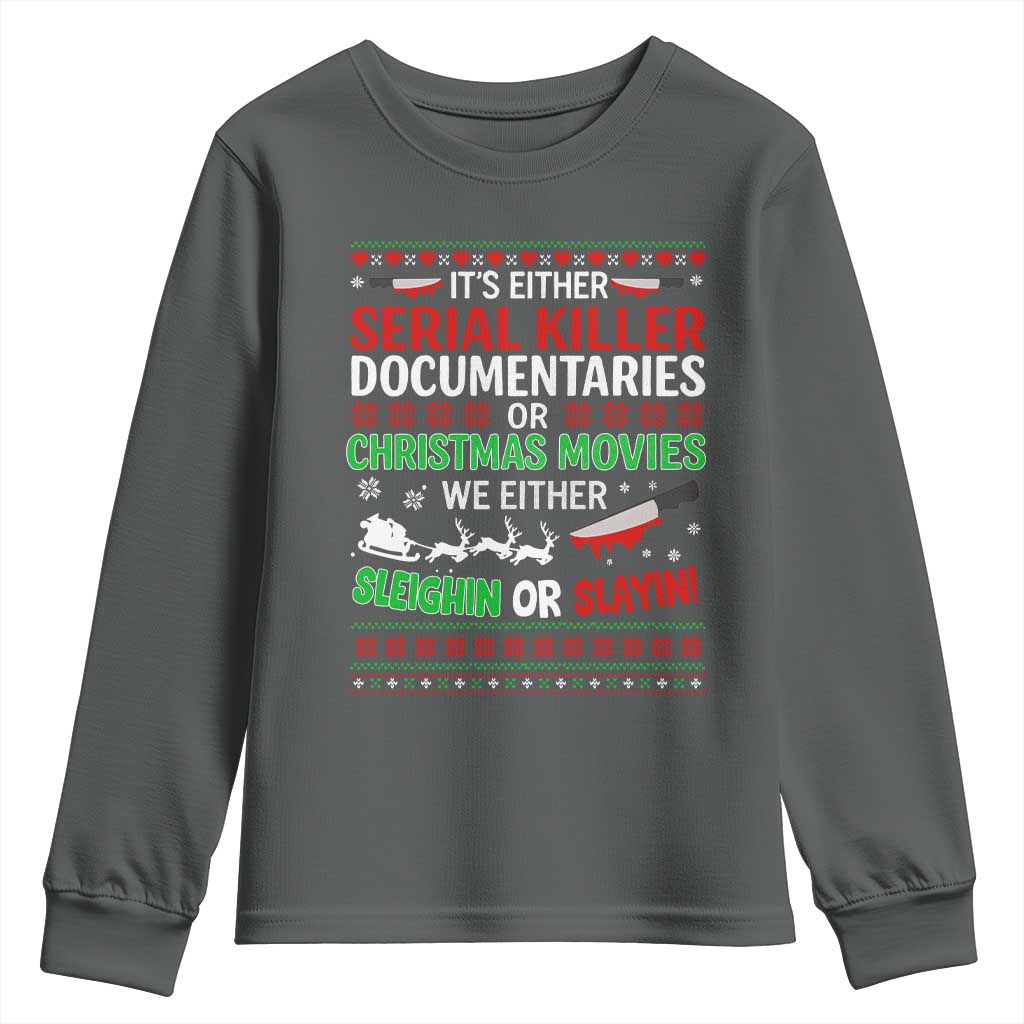 Crime Documentaries Ugly Christmas Youth Sweatshirt Funny Horror Xmas Slaying Or Sleighing - Wonder Print Shop
