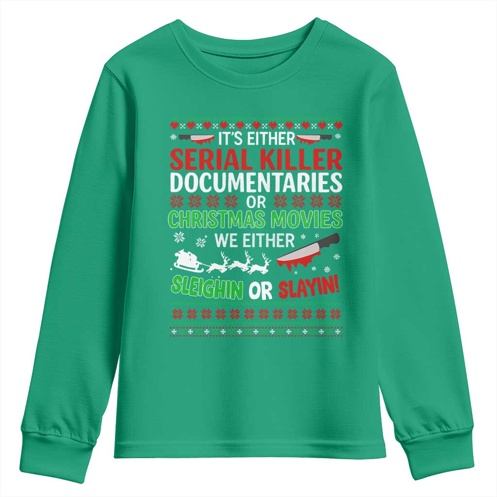 Crime Documentaries Ugly Christmas Youth Sweatshirt Funny Horror Xmas Slaying Or Sleighing - Wonder Print Shop