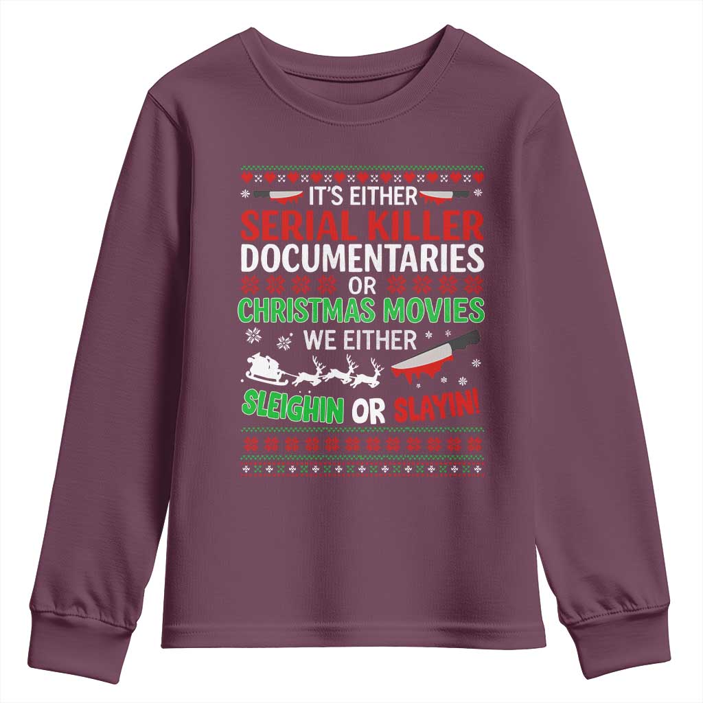 Crime Documentaries Ugly Christmas Youth Sweatshirt Funny Horror Xmas Slaying Or Sleighing - Wonder Print Shop
