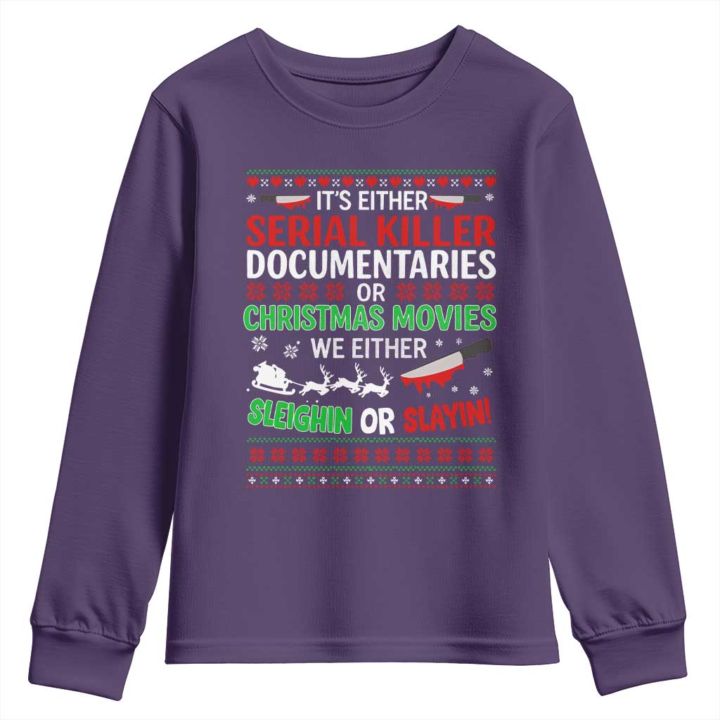 Crime Documentaries Ugly Christmas Youth Sweatshirt Funny Horror Xmas Slaying Or Sleighing - Wonder Print Shop