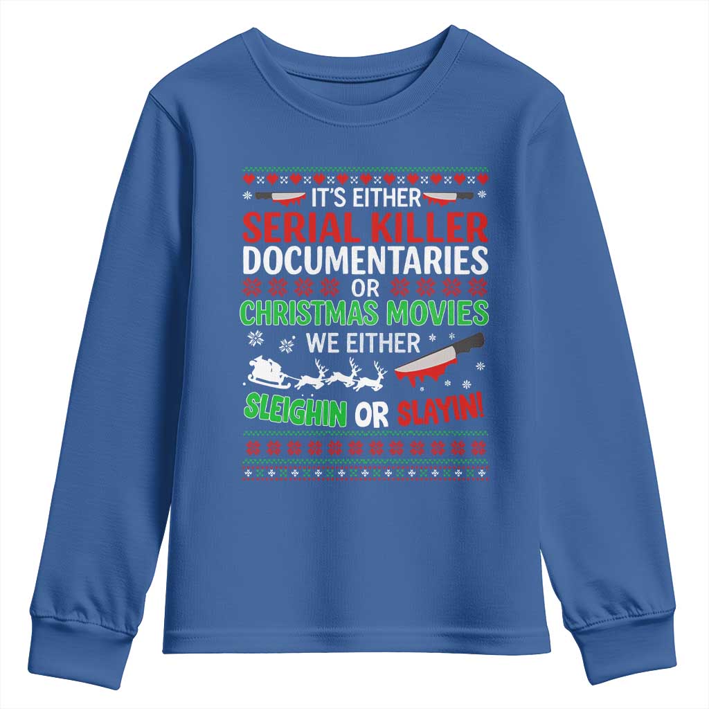Crime Documentaries Ugly Christmas Youth Sweatshirt Funny Horror Xmas Slaying Or Sleighing - Wonder Print Shop