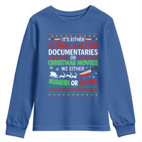 Crime Documentaries Ugly Christmas Youth Sweatshirt Funny Horror Xmas Slaying Or Sleighing - Wonder Print Shop