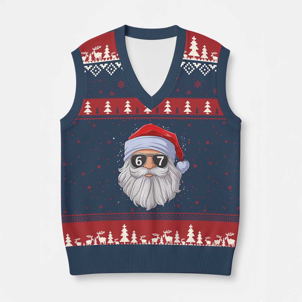 Six Seven 67 Xmas Meme V-Neck Knit Sweater Vest Funny Brainrot Santa Claus Gen Alpha Slang - Wonder Print Shop