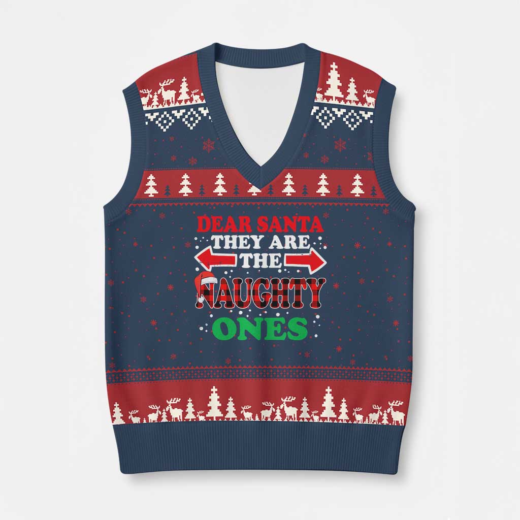 Dear Santa They Naughty Ones V-Neck Knit Sweater Vest Christmas Red Plaid Pajamas PJ Xmas Gifts - Wonder Print Shop