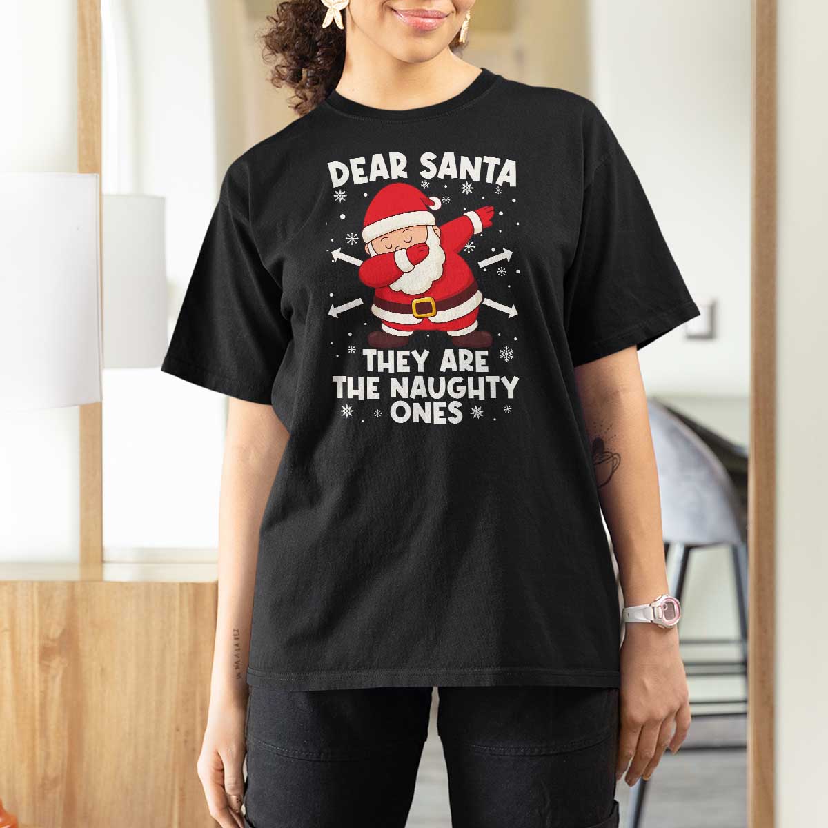 Dear Santa They Naughty Ones T Shirt For Women Dabbing Santa Christmas Pajamas PJ Xmas Gifts - Wonder Print Shop