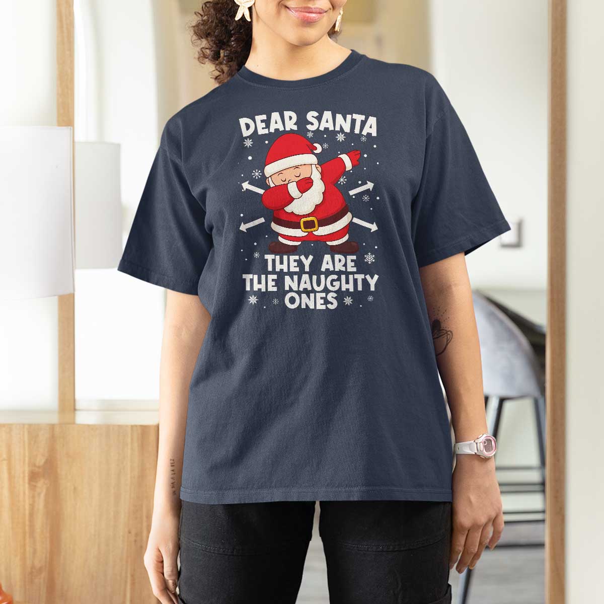 Dear Santa They Naughty Ones T Shirt For Women Dabbing Santa Christmas Pajamas PJ Xmas Gifts - Wonder Print Shop