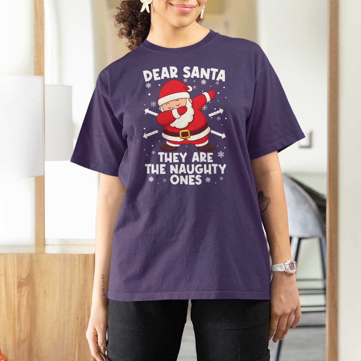 Dear Santa They Naughty Ones T Shirt For Women Dabbing Santa Christmas Pajamas PJ Xmas Gifts - Wonder Print Shop