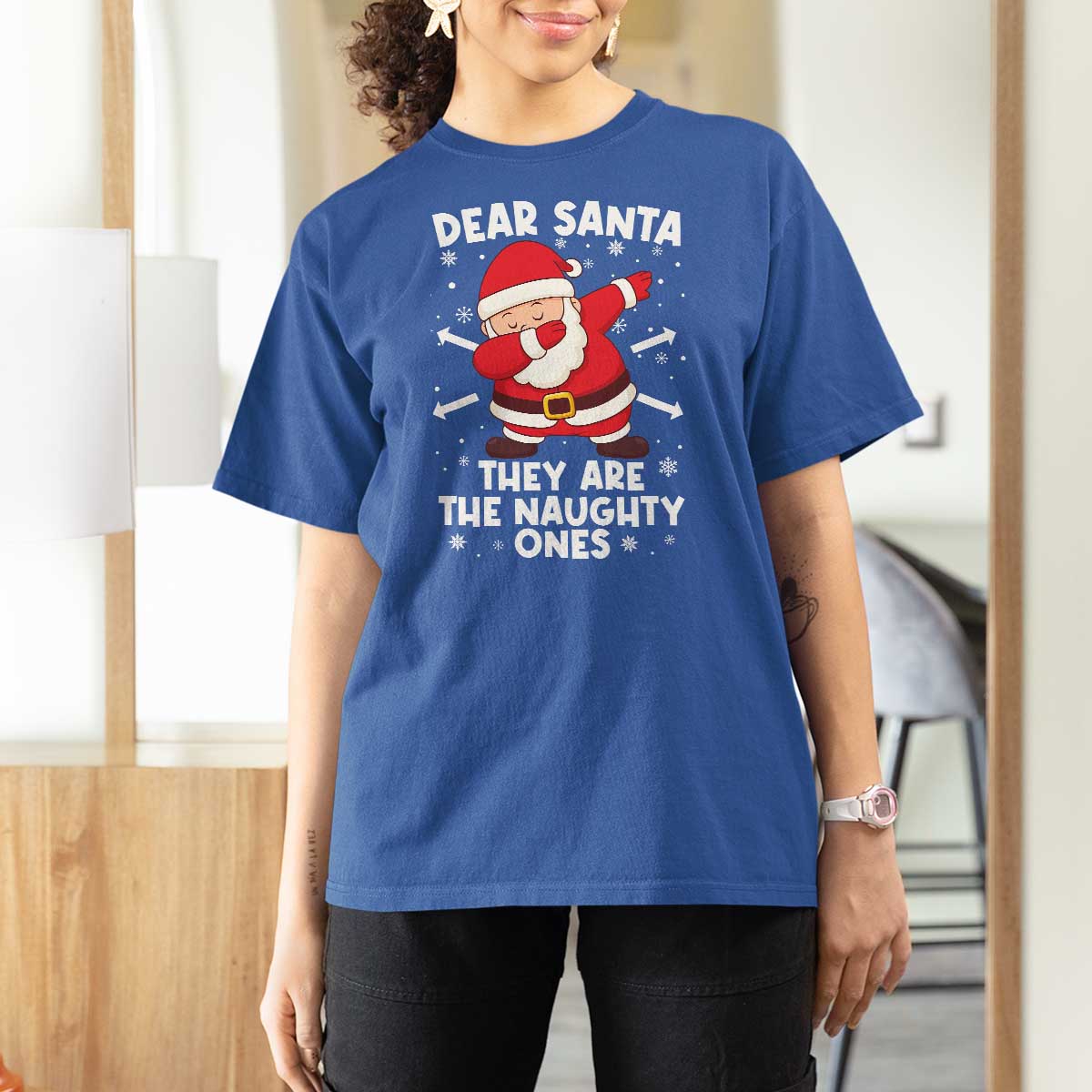 Dear Santa They Naughty Ones T Shirt For Women Dabbing Santa Christmas Pajamas PJ Xmas Gifts - Wonder Print Shop