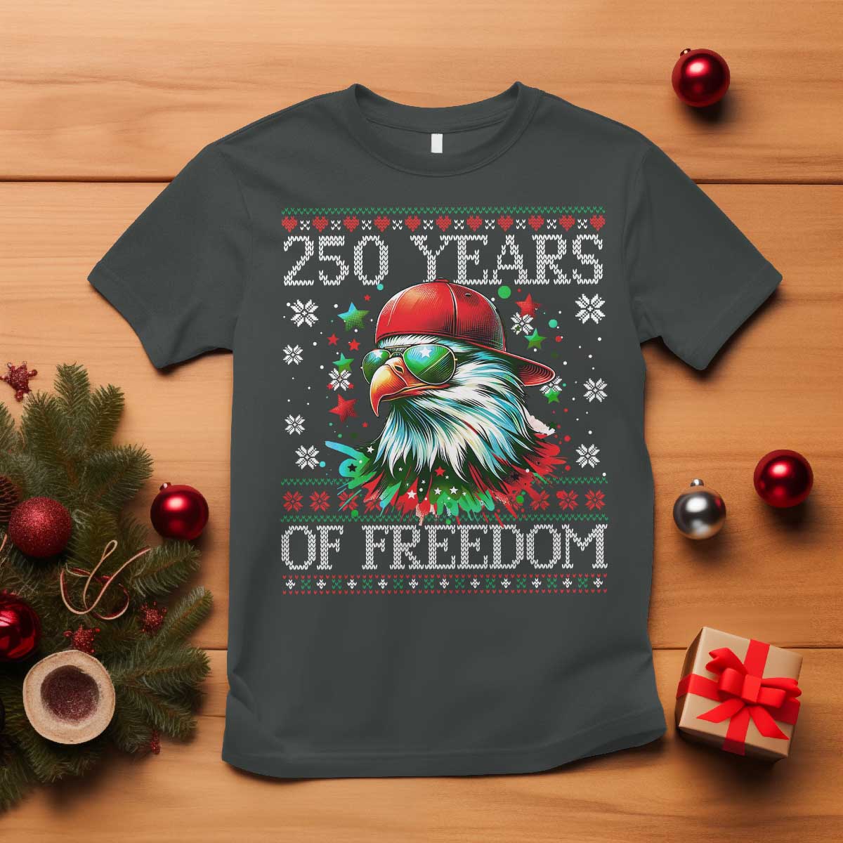250 Years Of Freedom Christmas T Shirt 250th Anniversary USA Eagle Ugly Xmas - Wonder Print Shop