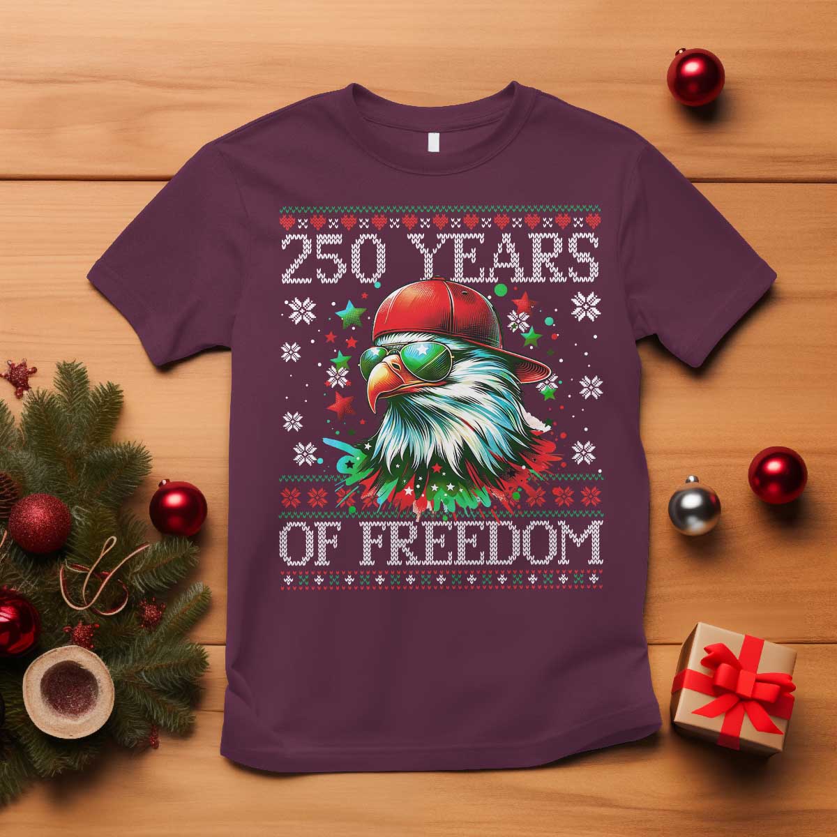 250 Years Of Freedom Christmas T Shirt 250th Anniversary USA Eagle Ugly Xmas - Wonder Print Shop