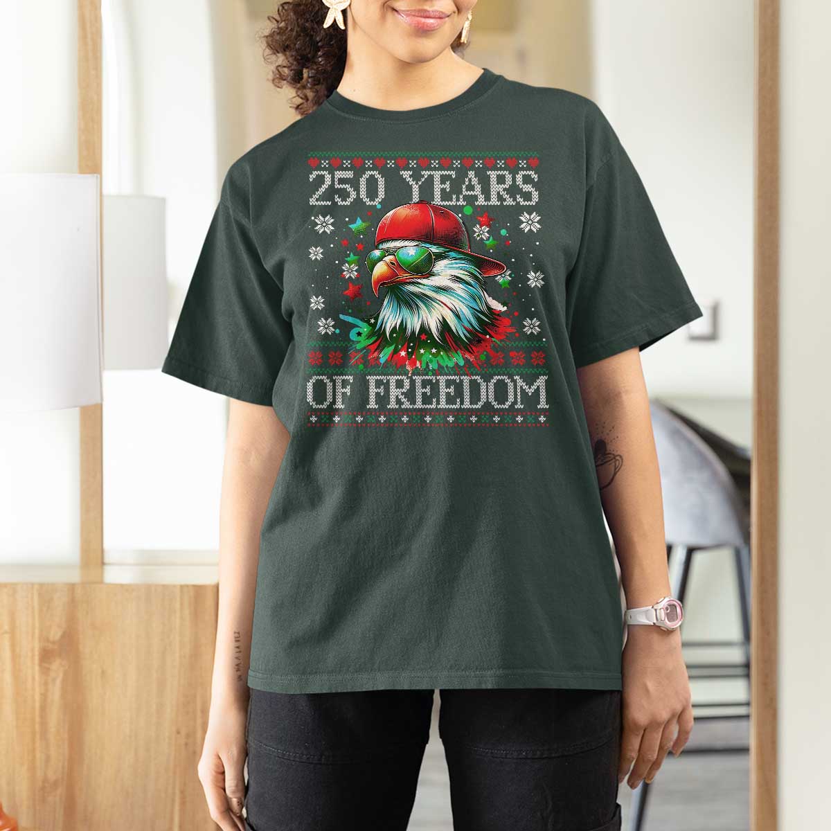 250 Years Of Freedom Christmas T Shirt For Women 250th Anniversary USA Eagle Ugly Xmas - Wonder Print Shop