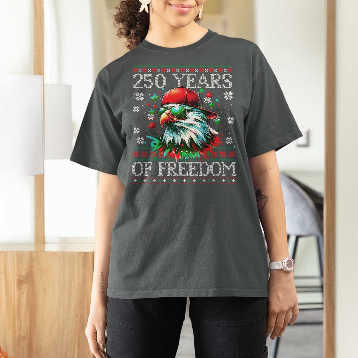 250 Years Of Freedom Christmas T Shirt For Women 250th Anniversary USA Eagle Ugly Xmas - Wonder Print Shop