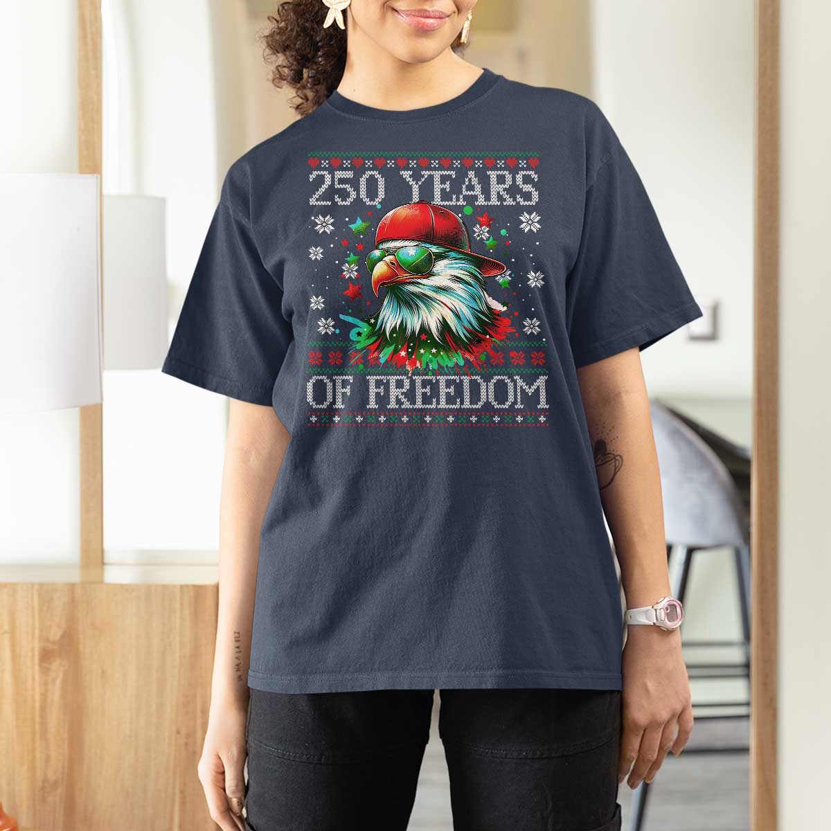 250 Years Of Freedom Christmas T Shirt For Women 250th Anniversary USA Eagle Ugly Xmas - Wonder Print Shop