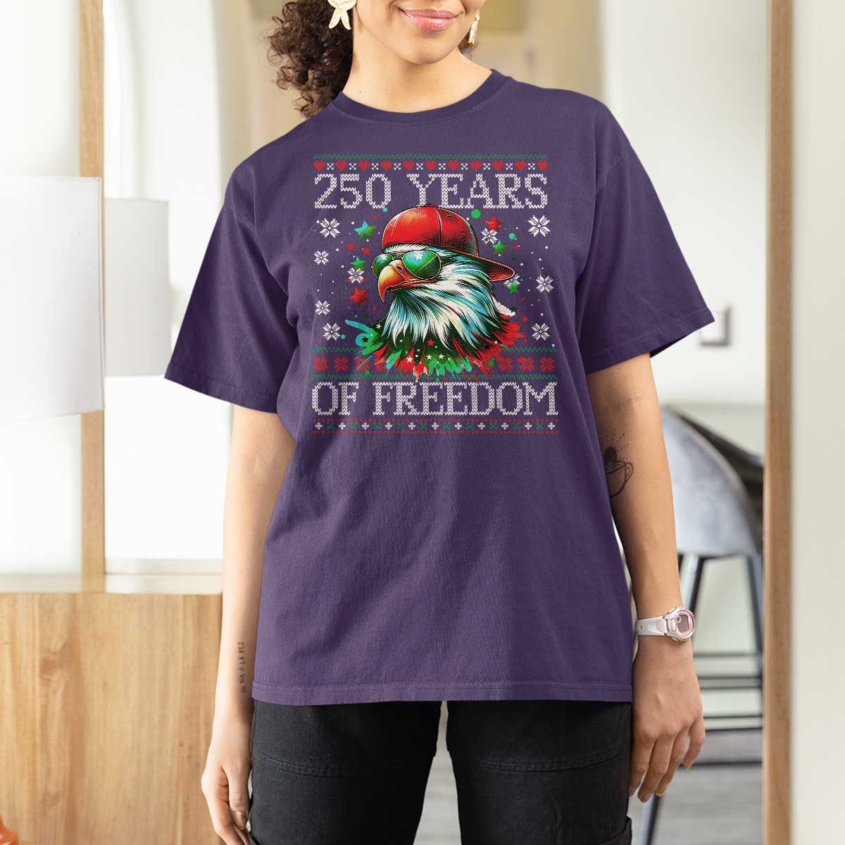 250 Years Of Freedom Christmas T Shirt For Women 250th Anniversary USA Eagle Ugly Xmas - Wonder Print Shop