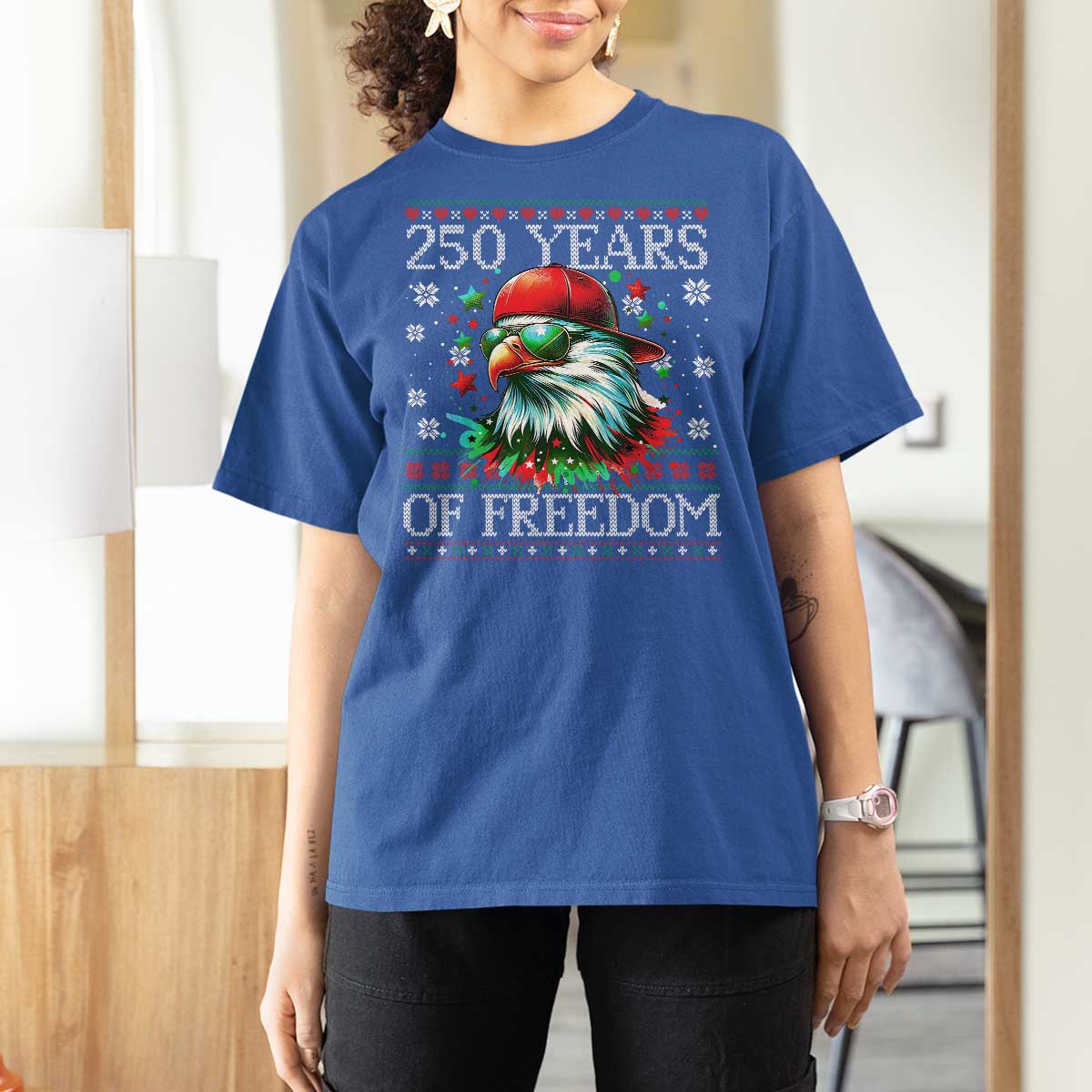 250 Years Of Freedom Christmas T Shirt For Women 250th Anniversary USA Eagle Ugly Xmas - Wonder Print Shop