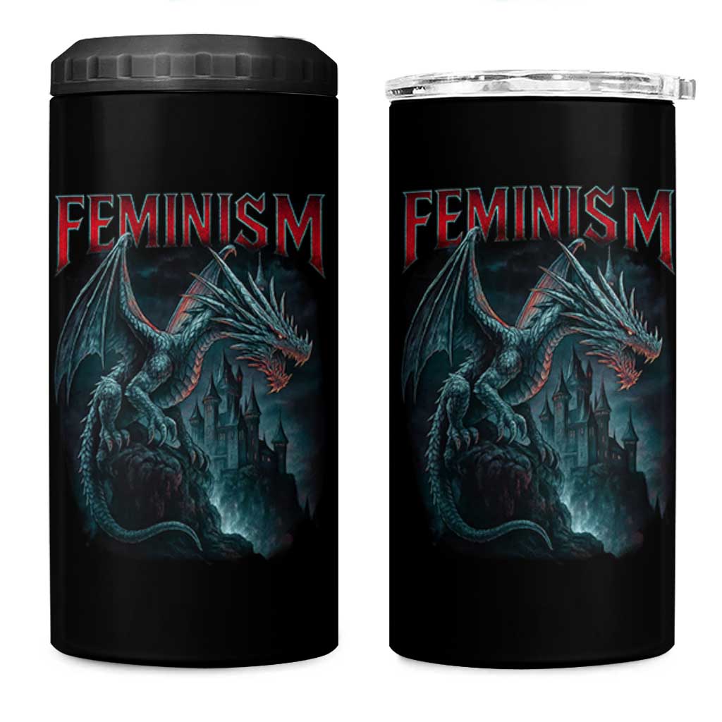 Feminism Dragon 4 in 1 Can Cooler Tumbler Retro Vintage Gothic Fantasy Castle Feminist Empowerment - Wonder Print Shop
