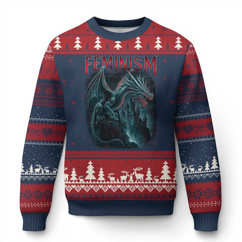 Feminism Dragon Ugly Christmas Sweater Retro Vintage Gothic Fantasy Castle Feminist Empowerment - Wonder Print Shop