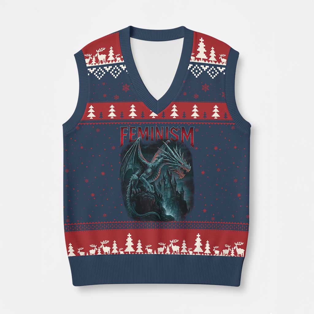Feminism Dragon V-Neck Knit Sweater Vest Retro Vintage Gothic Fantasy Castle Feminist Empowerment - Wonder Print Shop