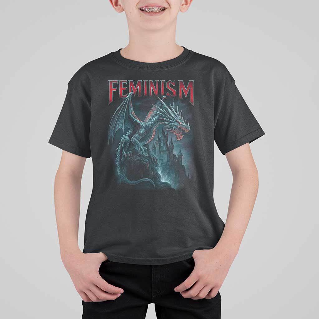 Feminism Dragon T Shirt For Kid Retro Vintage Gothic Fantasy Castle Feminist Empowerment - Wonder Print Shop