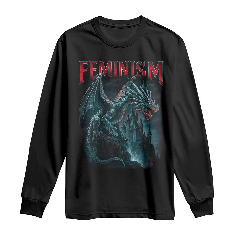 Feminism Dragon Long Sleeve Shirt Retro Vintage Gothic Fantasy Castle Feminist Empowerment - Wonder Print Shop