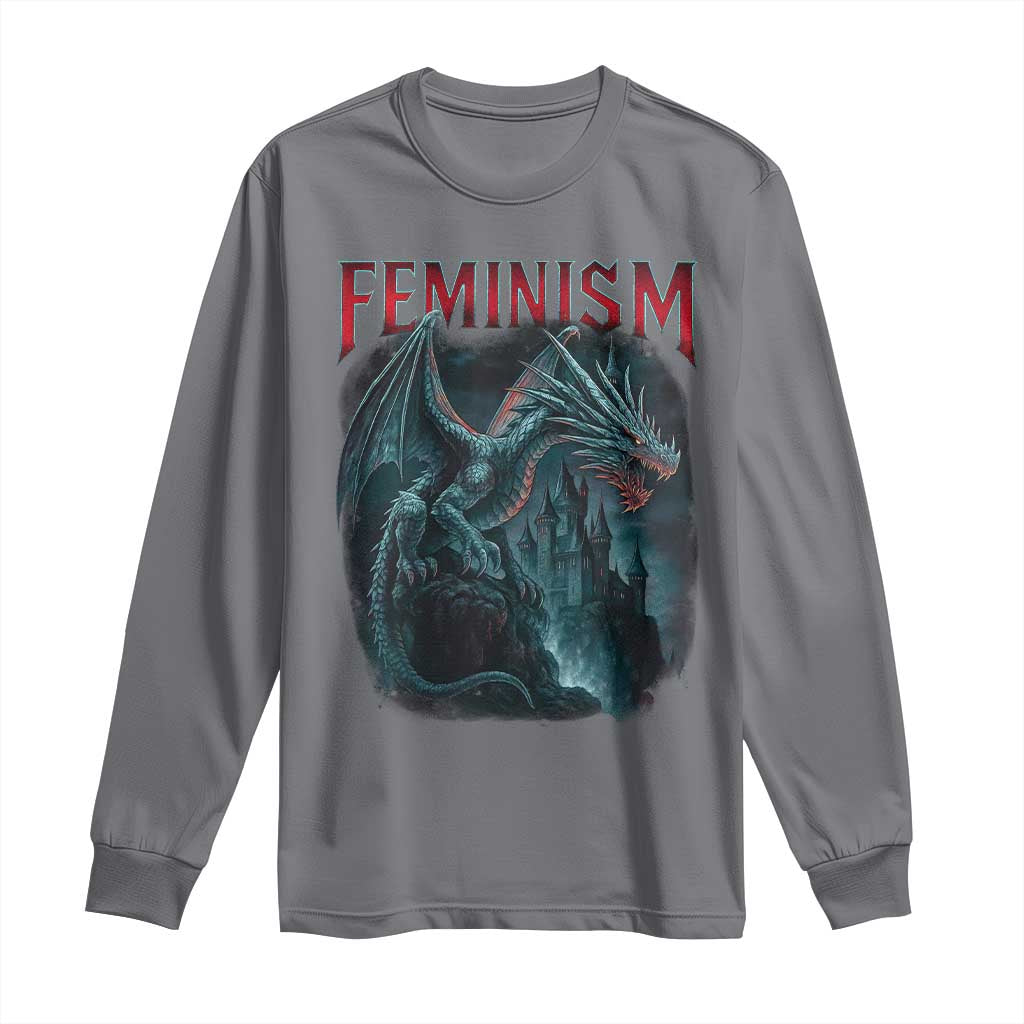 Feminism Dragon Long Sleeve Shirt Retro Vintage Gothic Fantasy Castle Feminist Empowerment - Wonder Print Shop