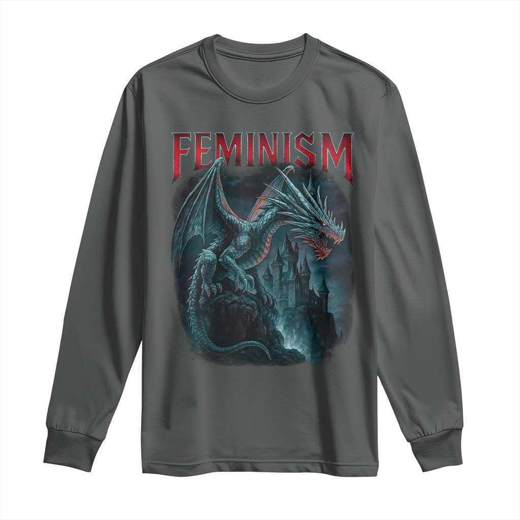 Feminism Dragon Long Sleeve Shirt Retro Vintage Gothic Fantasy Castle Feminist Empowerment - Wonder Print Shop