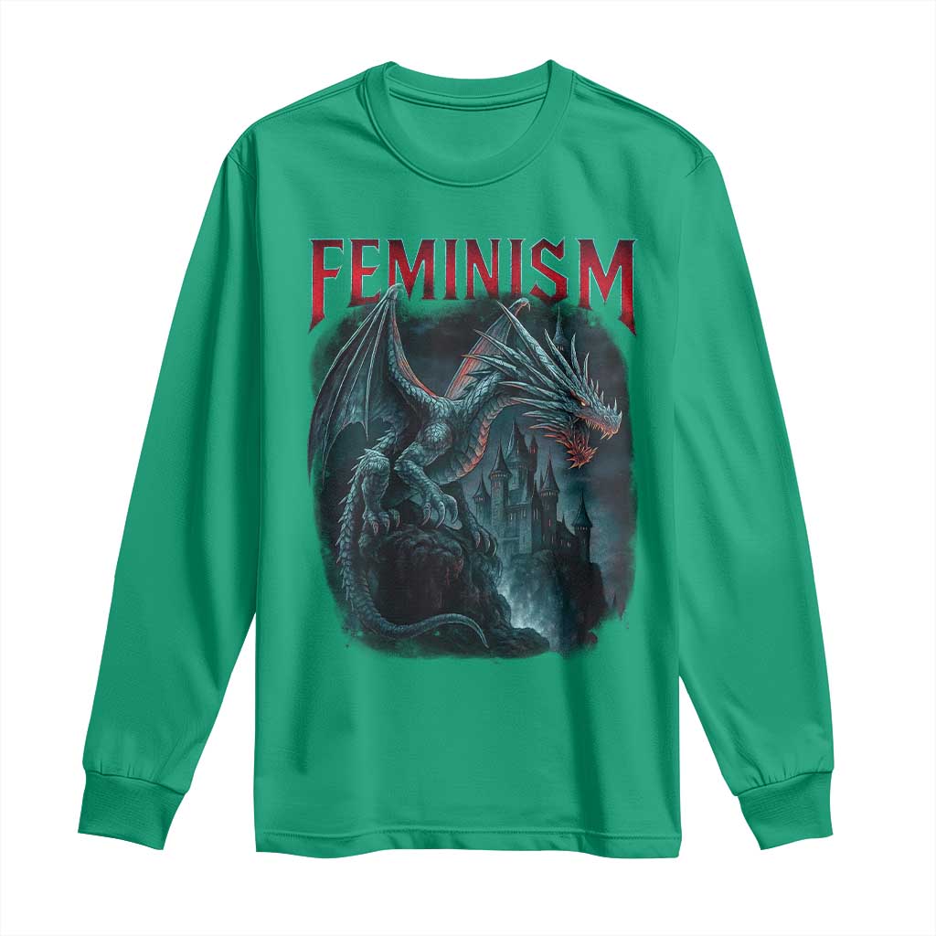 Feminism Dragon Long Sleeve Shirt Retro Vintage Gothic Fantasy Castle Feminist Empowerment - Wonder Print Shop