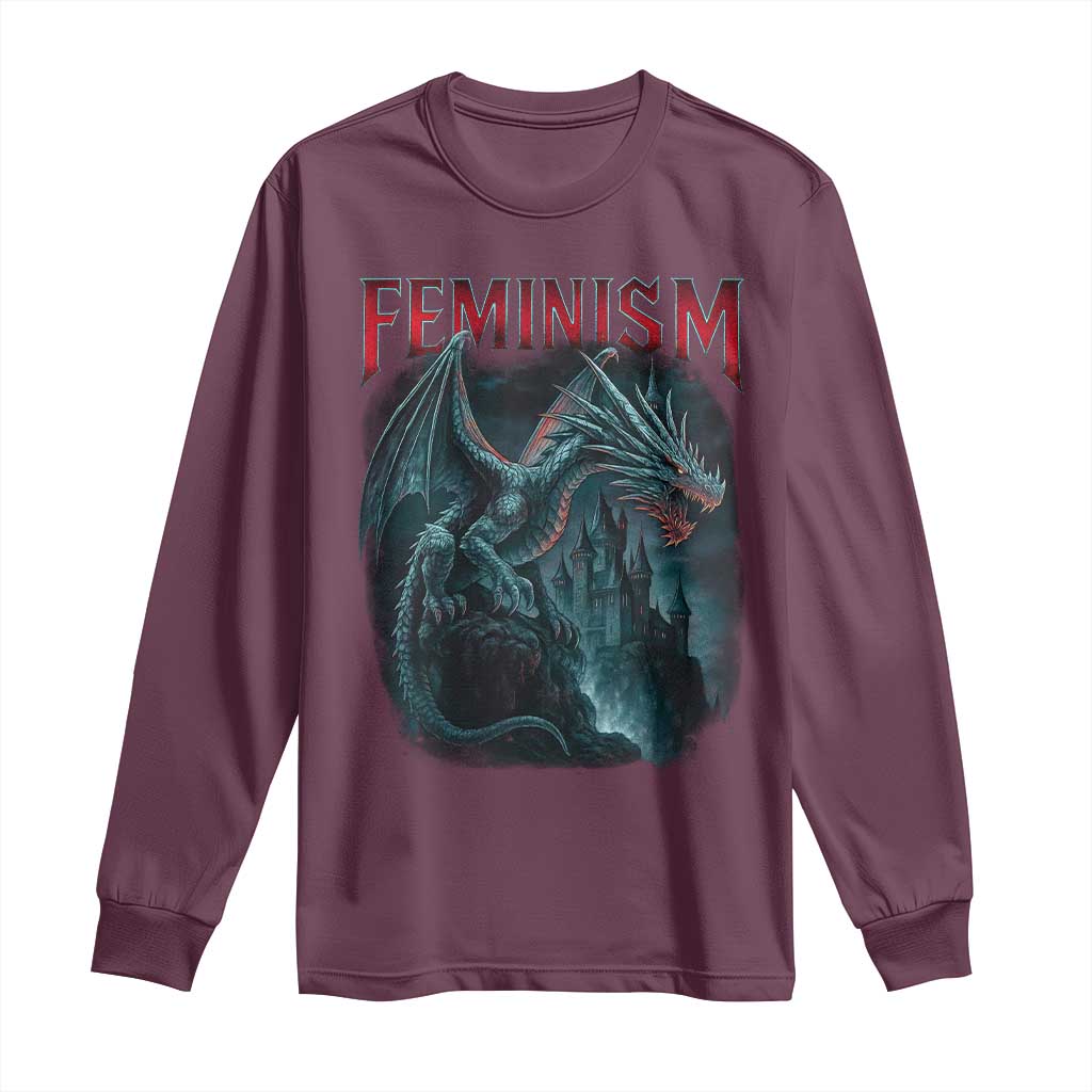 Feminism Dragon Long Sleeve Shirt Retro Vintage Gothic Fantasy Castle Feminist Empowerment - Wonder Print Shop