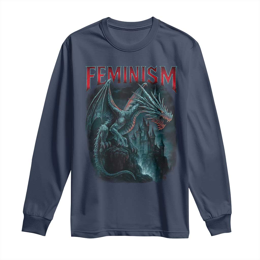 Feminism Dragon Long Sleeve Shirt Retro Vintage Gothic Fantasy Castle Feminist Empowerment - Wonder Print Shop