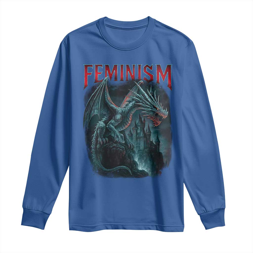 Feminism Dragon Long Sleeve Shirt Retro Vintage Gothic Fantasy Castle Feminist Empowerment - Wonder Print Shop