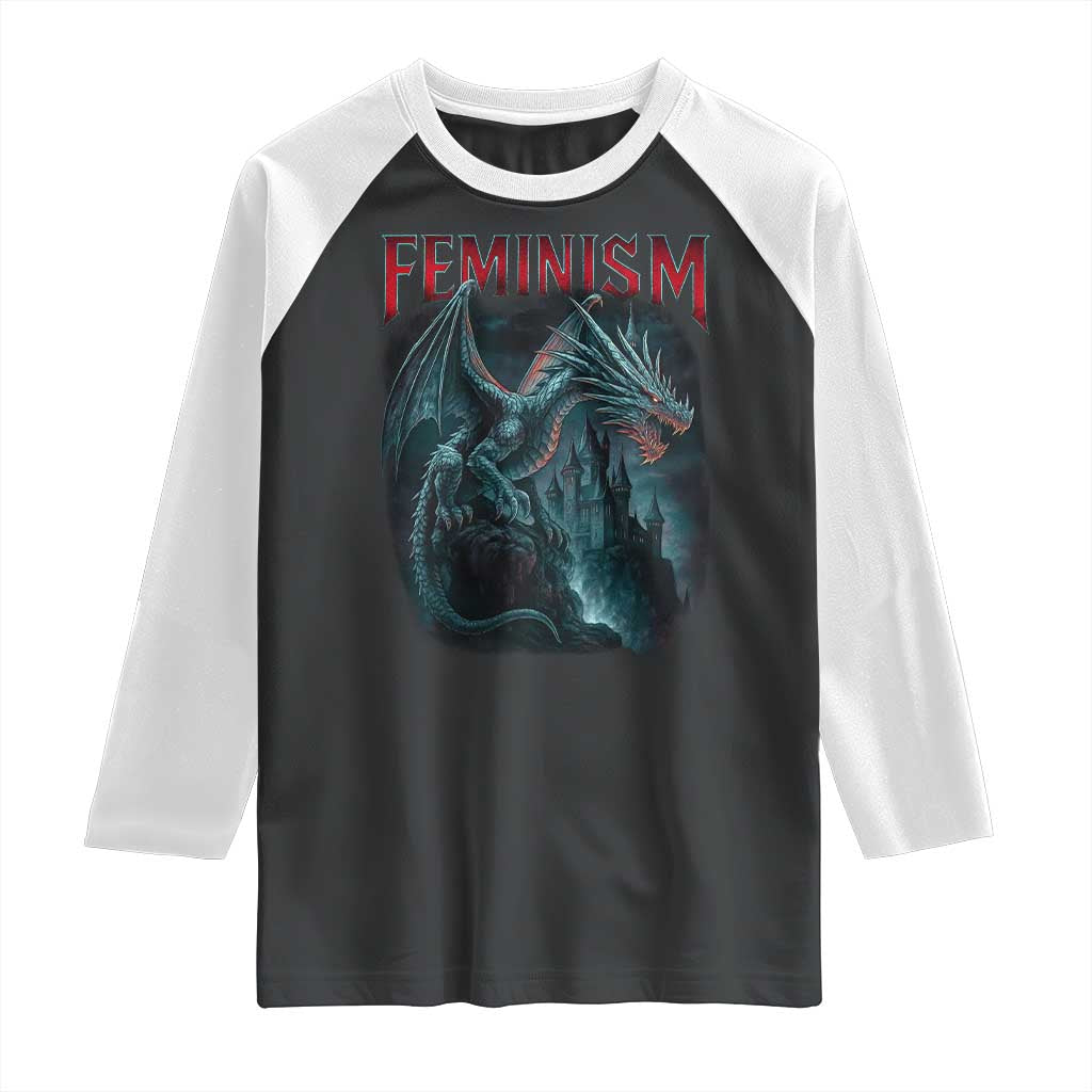 Feminism Dragon Raglan Shirt Retro Vintage Gothic Fantasy Castle Feminist Empowerment - Wonder Print Shop