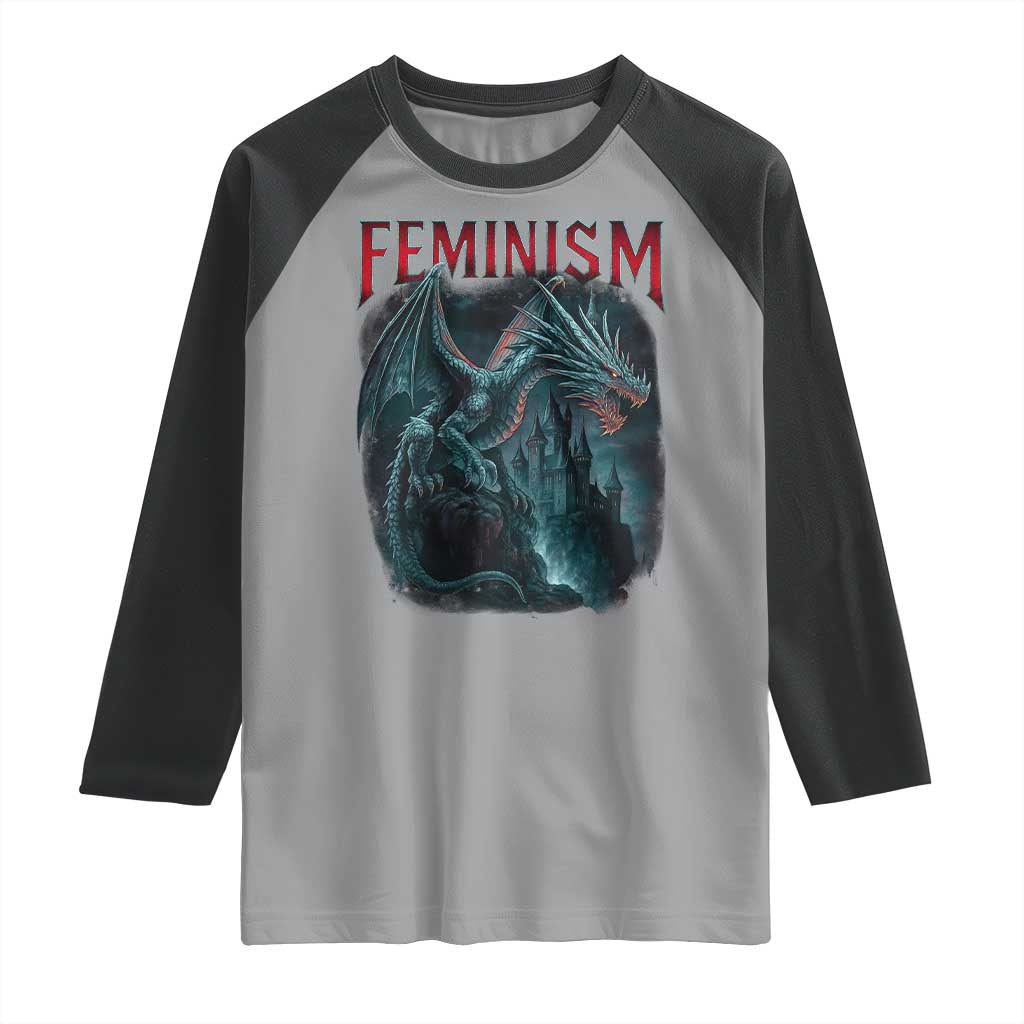 Feminism Dragon Raglan Shirt Retro Vintage Gothic Fantasy Castle Feminist Empowerment - Wonder Print Shop
