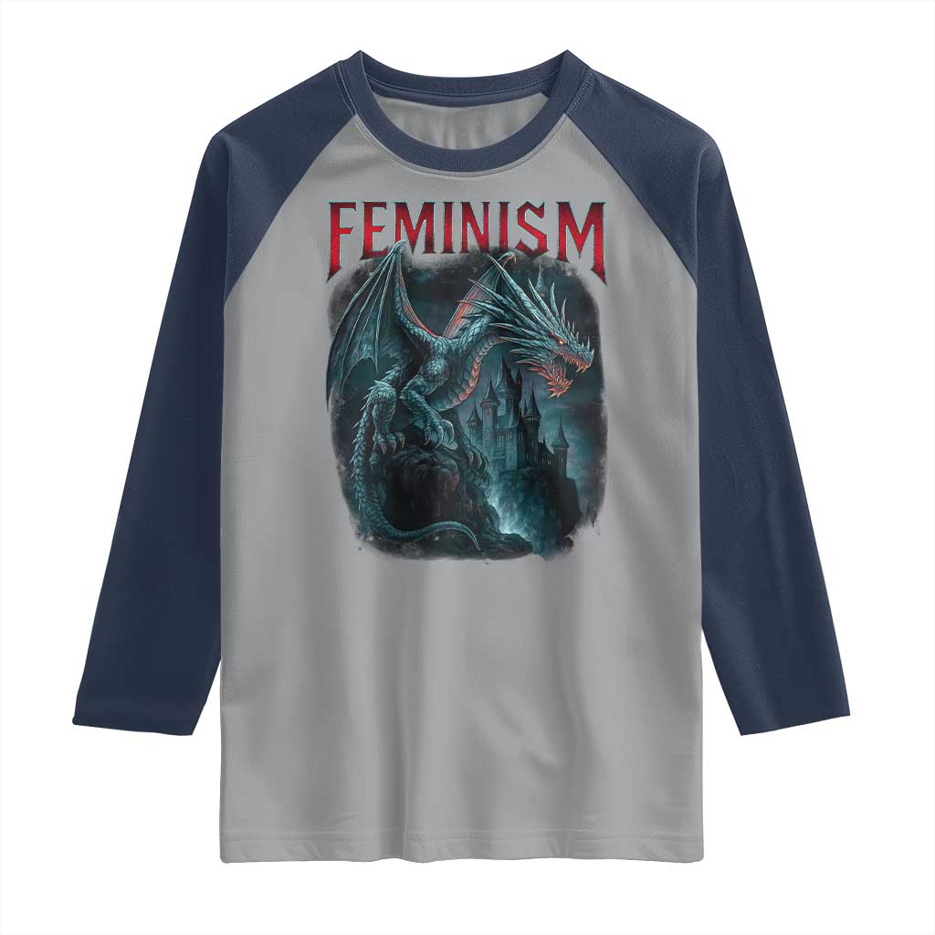 Feminism Dragon Raglan Shirt Retro Vintage Gothic Fantasy Castle Feminist Empowerment - Wonder Print Shop