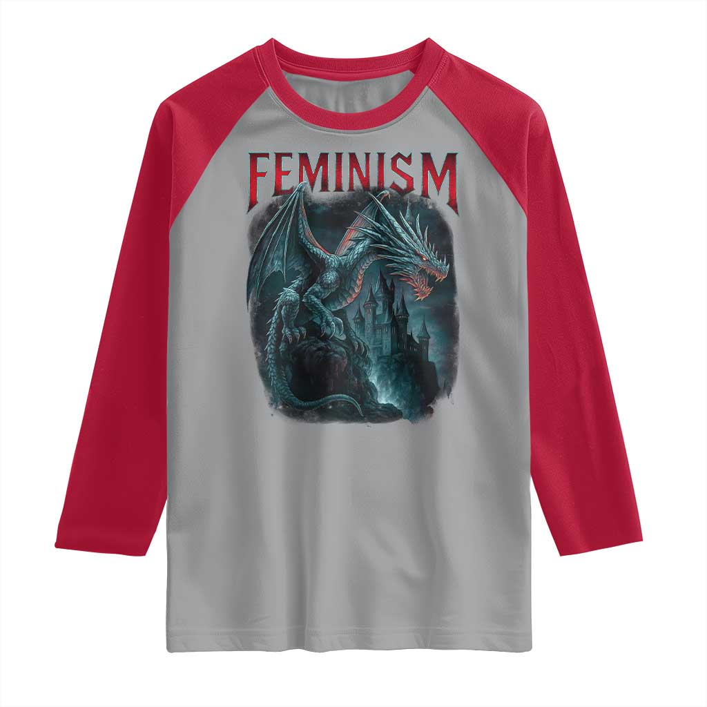Feminism Dragon Raglan Shirt Retro Vintage Gothic Fantasy Castle Feminist Empowerment - Wonder Print Shop