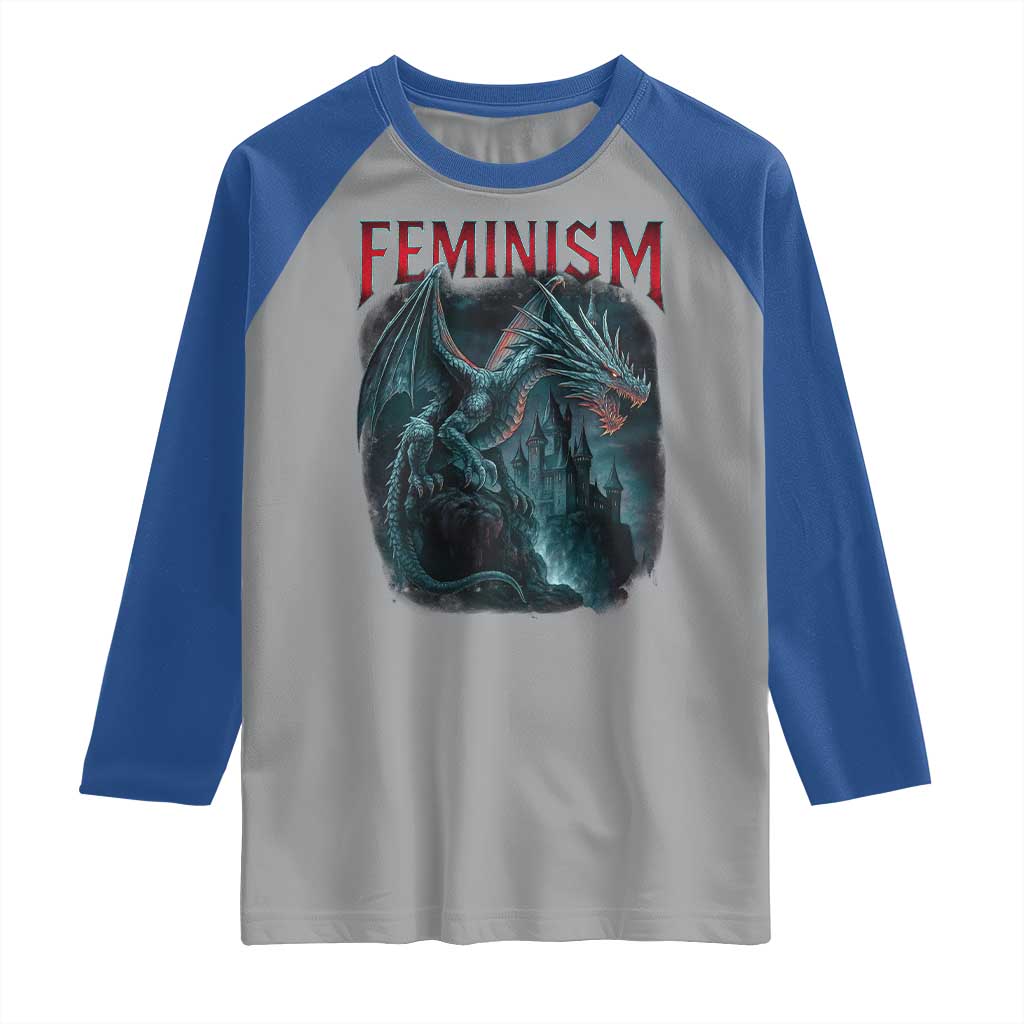 Feminism Dragon Raglan Shirt Retro Vintage Gothic Fantasy Castle Feminist Empowerment - Wonder Print Shop
