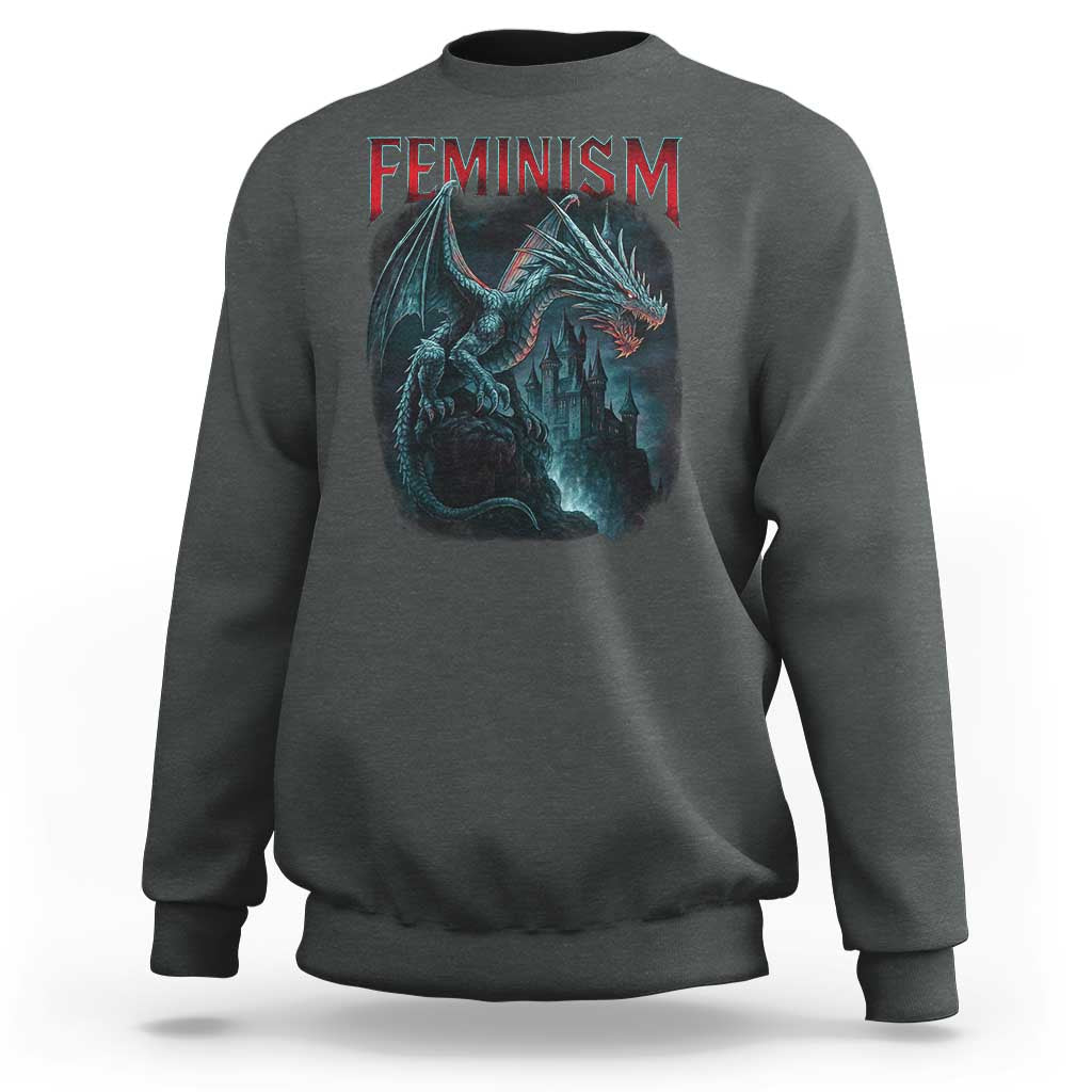 Feminism Dragon Sweatshirt Retro Vintage Gothic Fantasy Castle Feminist Empowerment - Wonder Print Shop