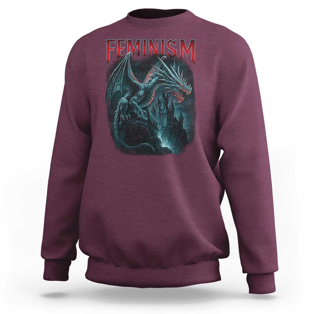 Feminism Dragon Sweatshirt Retro Vintage Gothic Fantasy Castle Feminist Empowerment - Wonder Print Shop